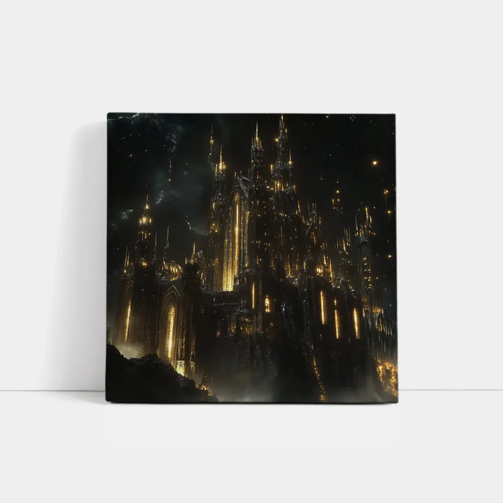 Dark Gothic Castle Glowing Gold Night Sky – Wall Art