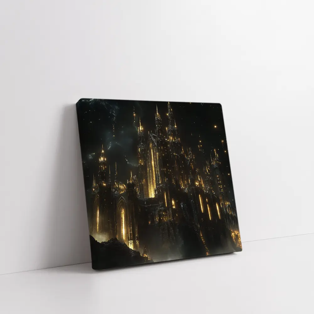 Dark Gothic Castle Glowing Gold Night Sky – Wall Art