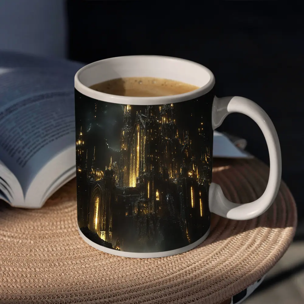 Dark Gothic Castle Glowing Gold Night Sky – Mugs