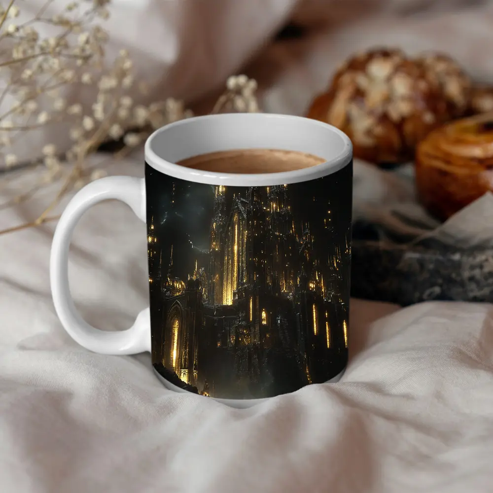 Dark Gothic Castle Glowing Gold Night Sky – Mugs