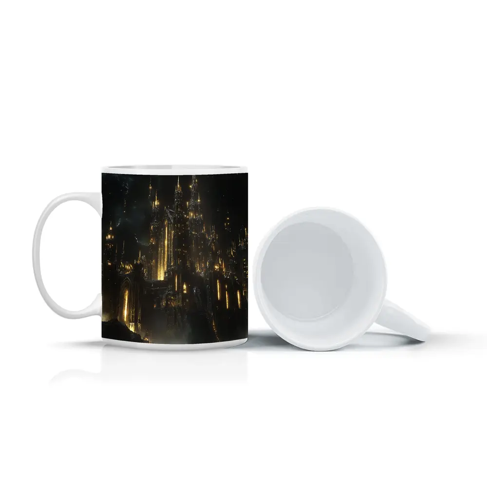 Dark Gothic Castle Glowing Gold Night Sky – Mugs