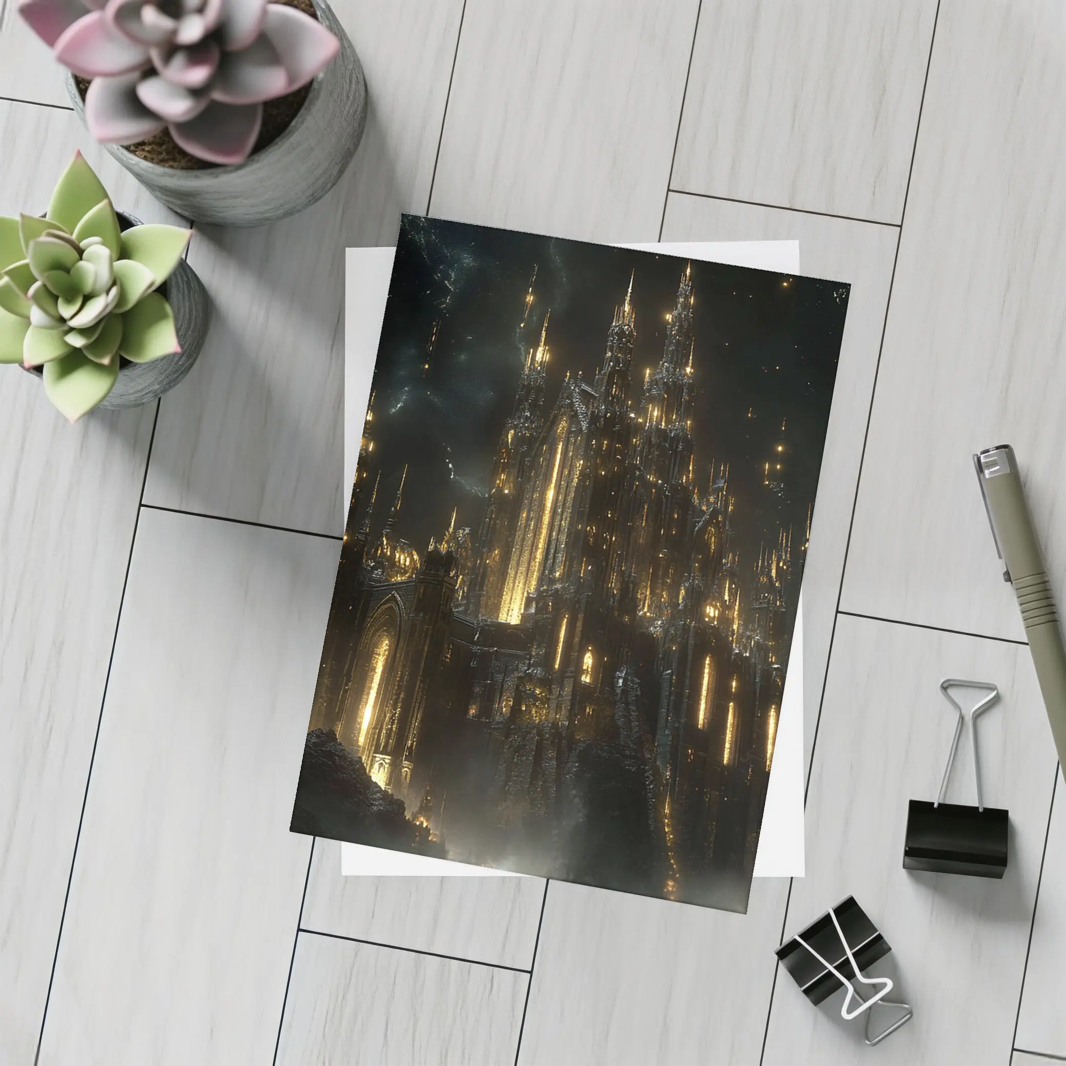 Dark Gothic Castle Glowing Gold Night Sky – Postcards