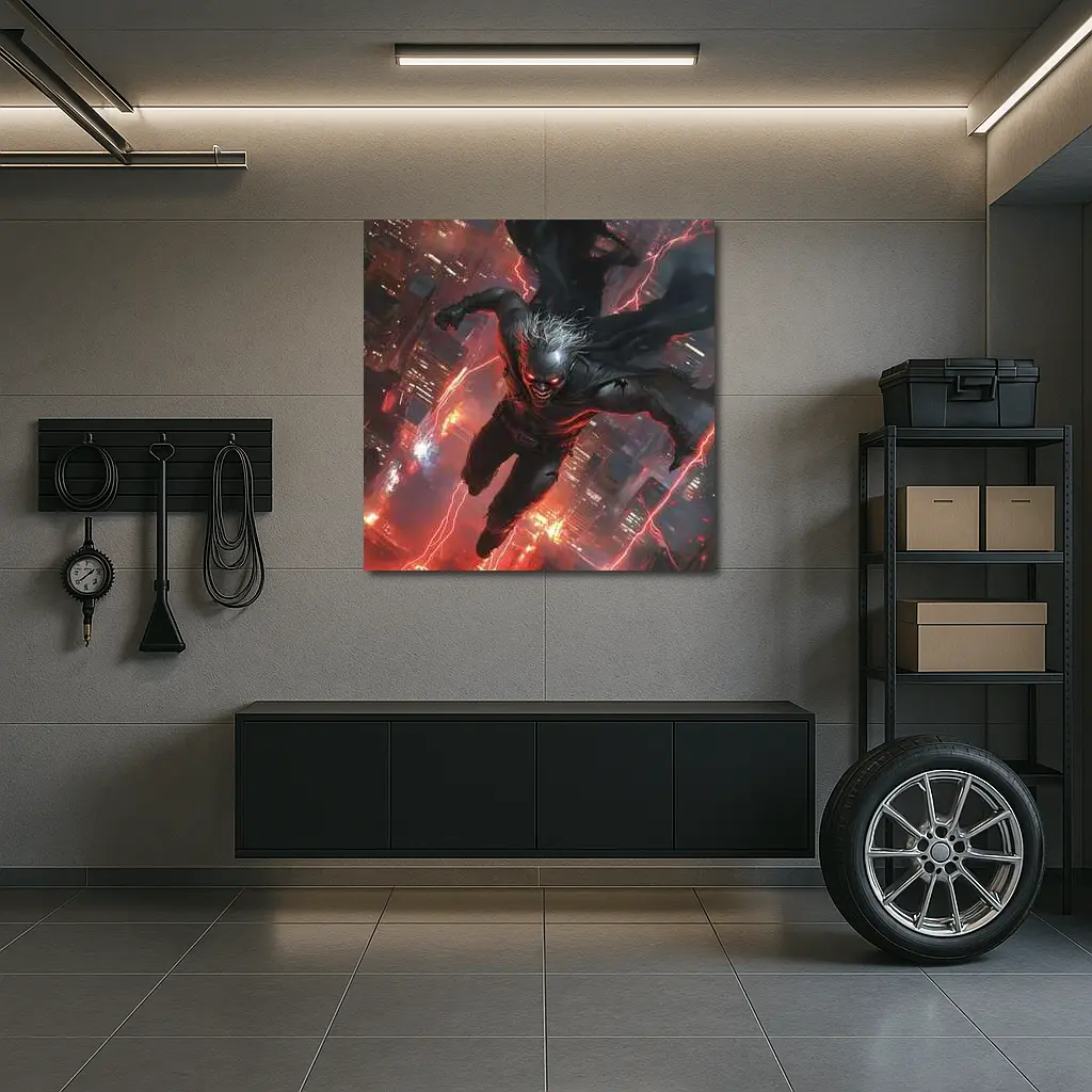 Dark Villain Flying Over Neon City – Wall Art