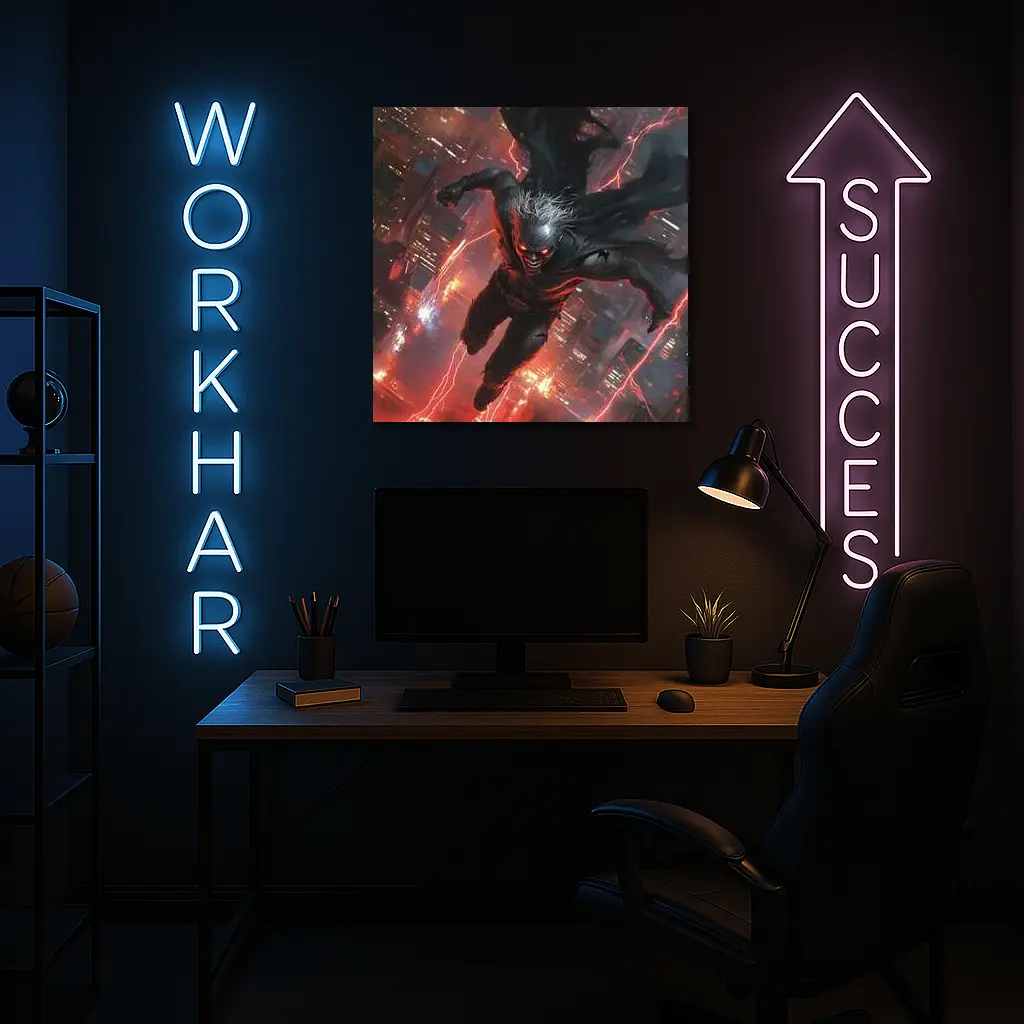Dark Villain Flying Over Neon City – Wall Art