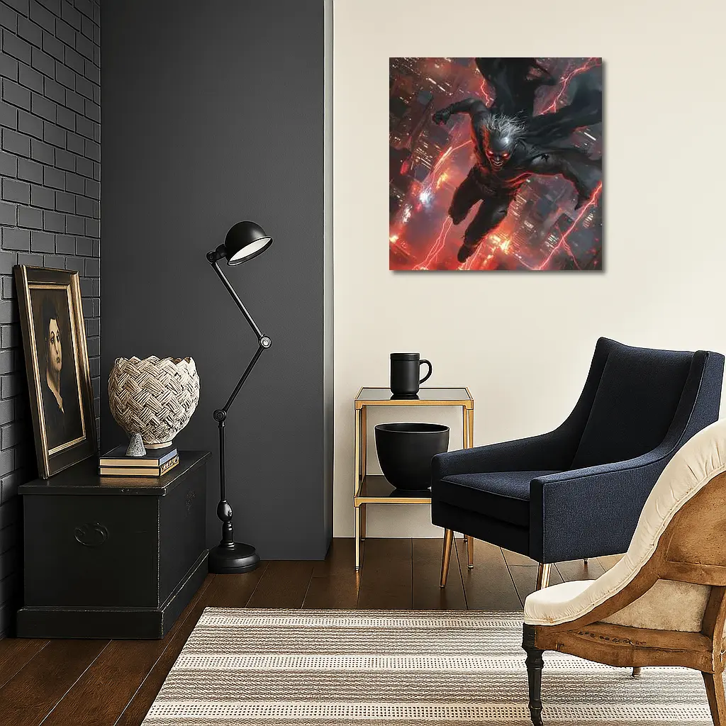 Dark Villain Flying Over Neon City – Wall Art