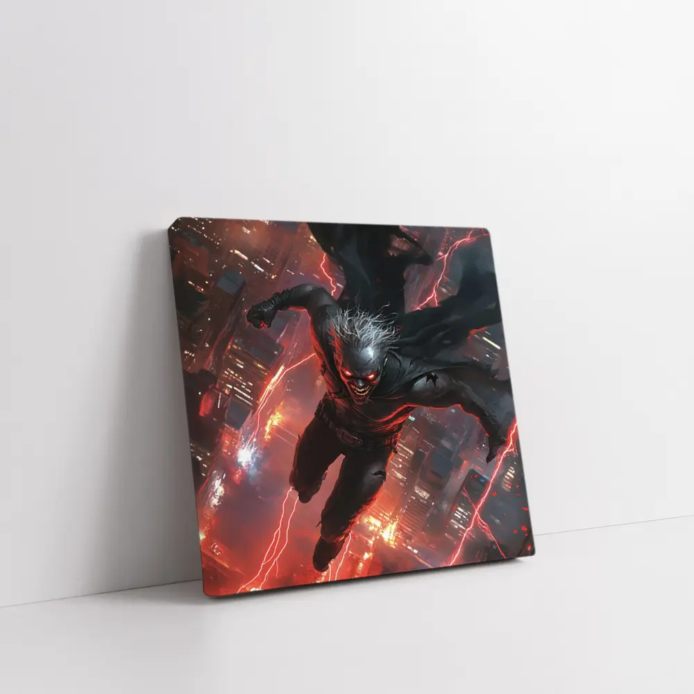 Dark Villain Flying Over Neon City – Wall Art