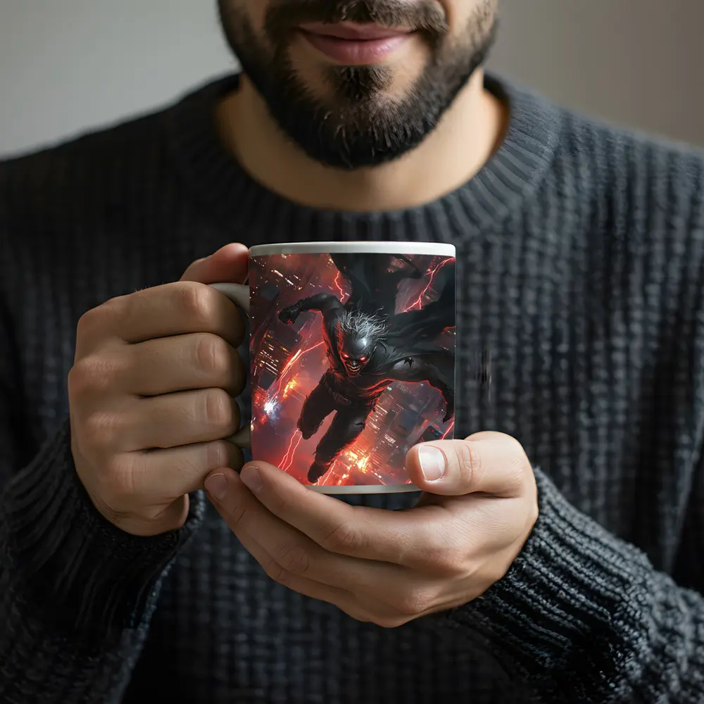 Dark Villain Flying Over Neon City – Mugs