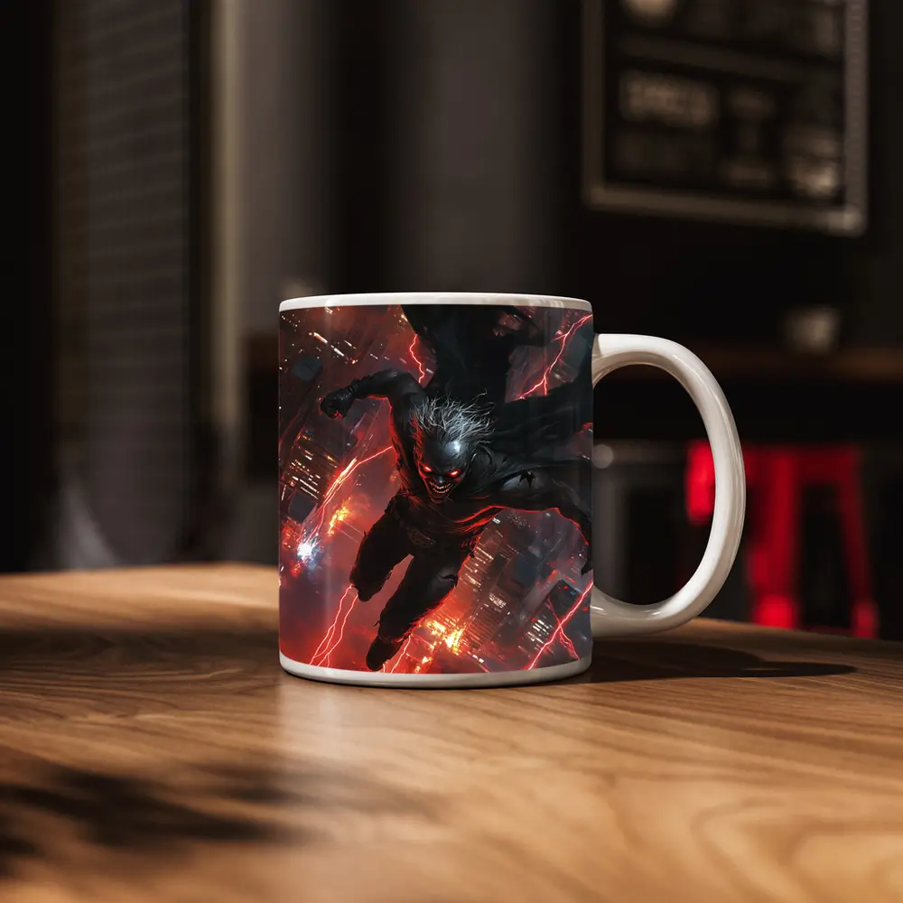 Dark Villain Flying Over Neon City – Mugs