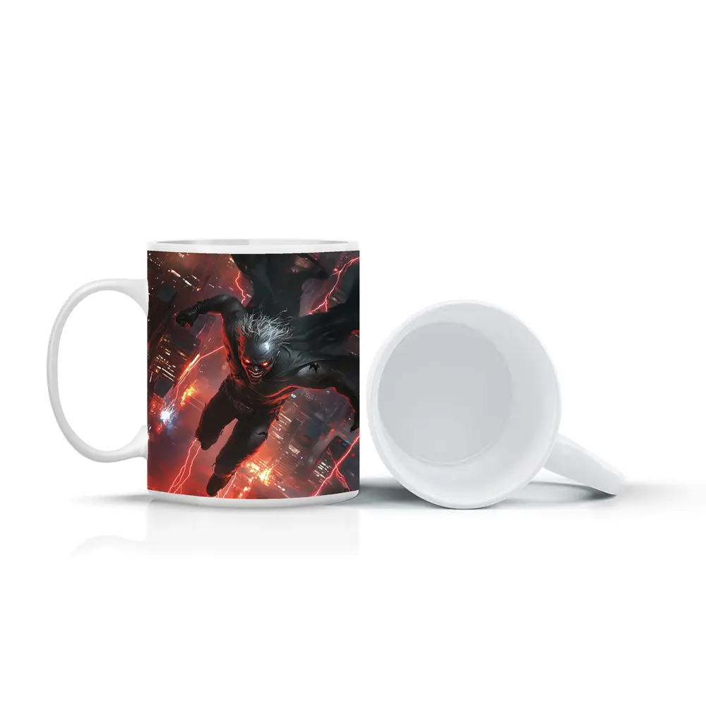 Dark Villain Flying Over Neon City – Mugs