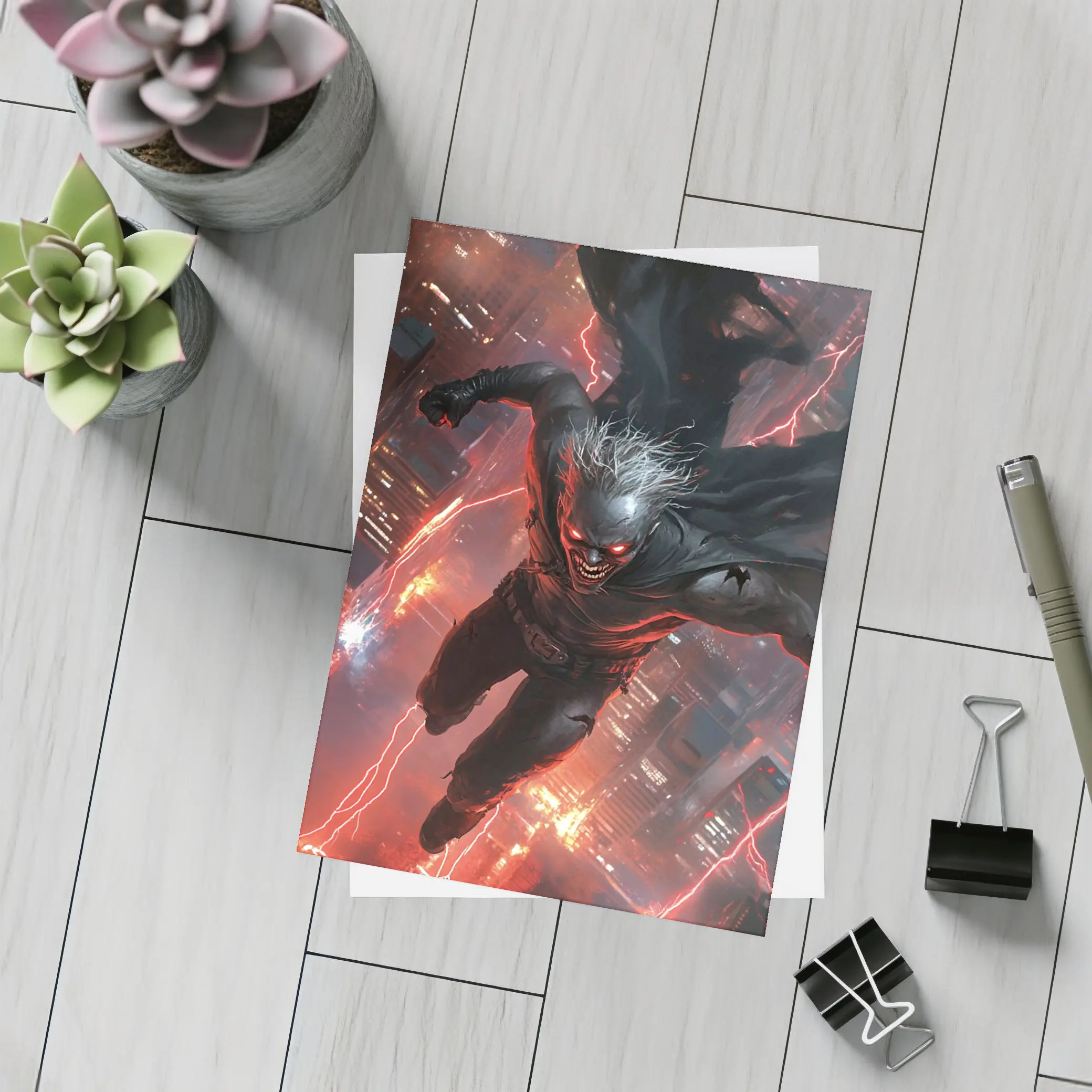 Dark Villain Flying Over Neon City – Postcards
