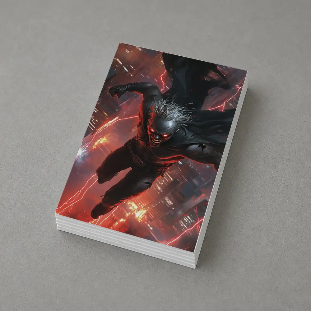 Dark Villain Flying Over Neon City – Postcards