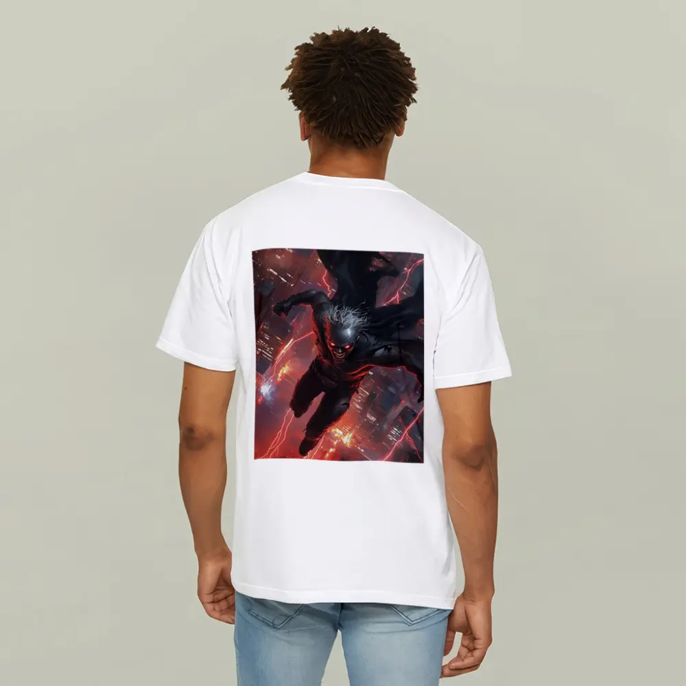 Dark Villain Flying Over Neon City – T-Shirts