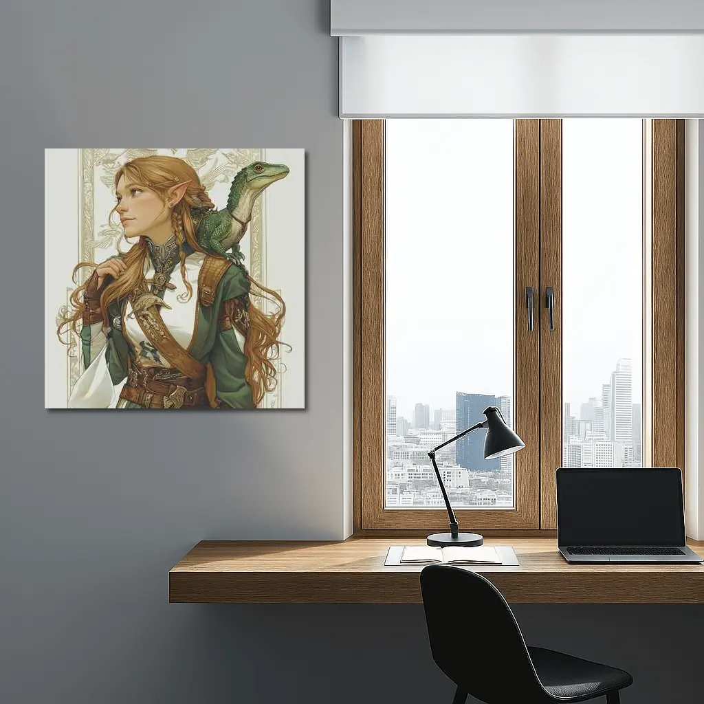 Elf Warrior Girl With Green Lizard Fantasy – Wall Art