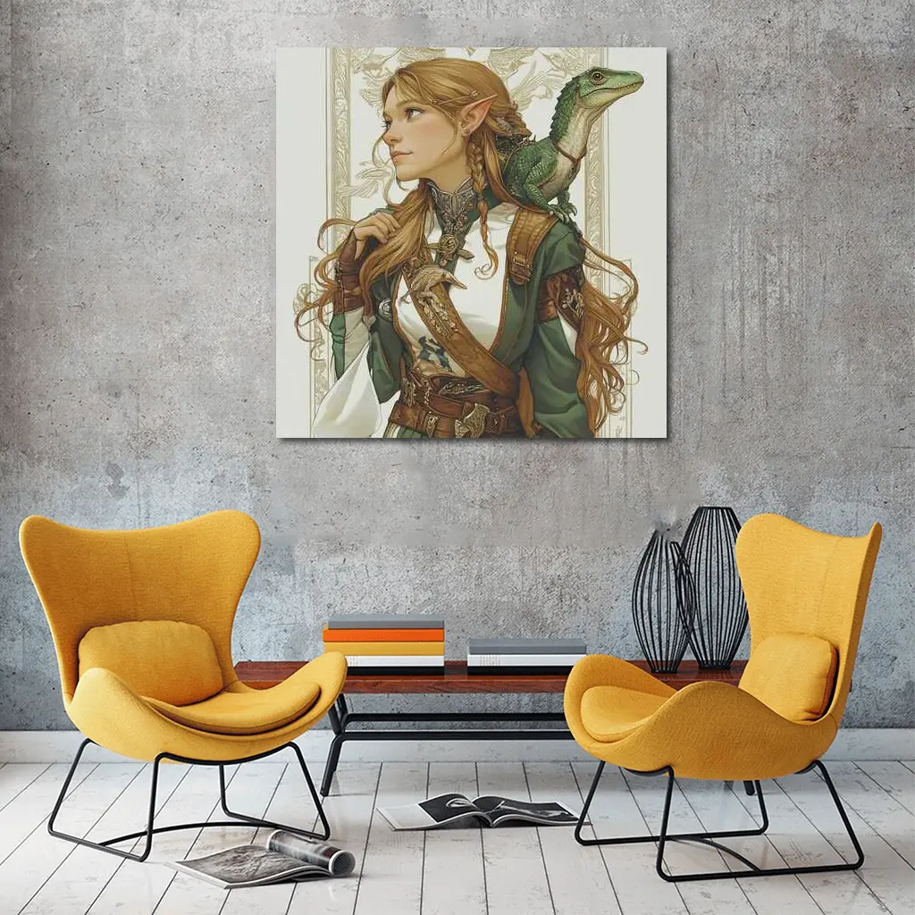 Elf Warrior Girl With Green Lizard Fantasy – Wall Art