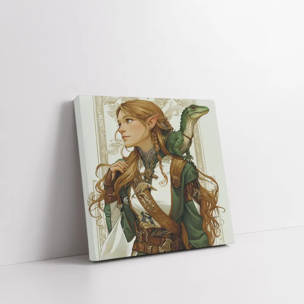 Elf Warrior Girl With Green Lizard Fantasy – Wall Art