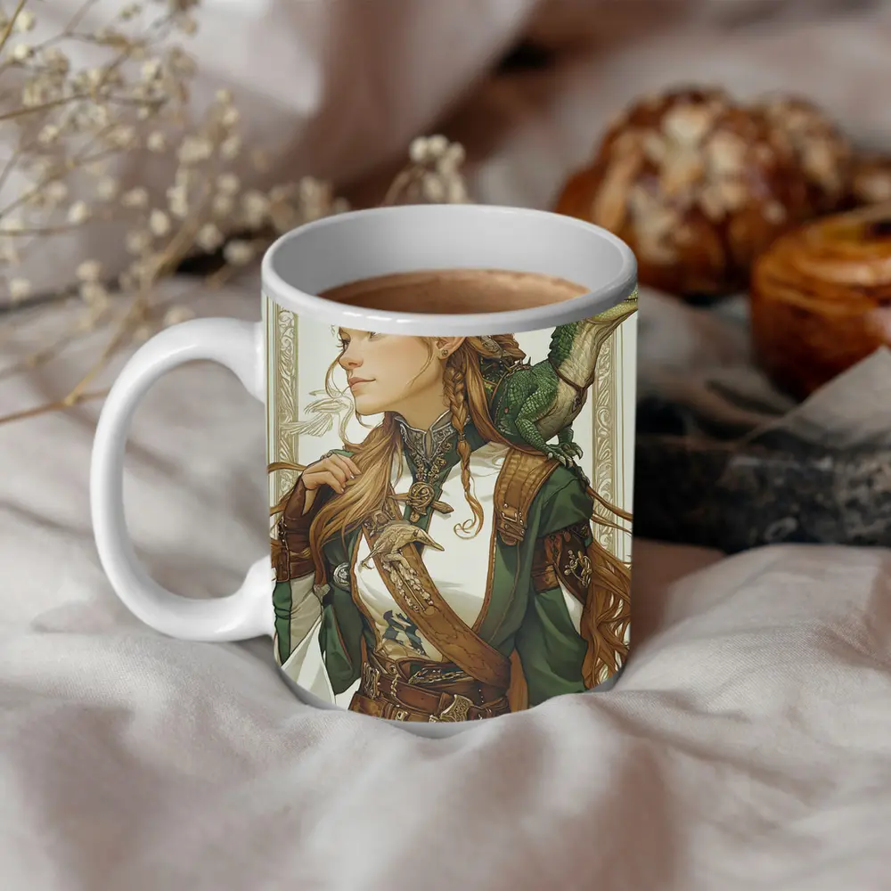 Elf Warrior Girl With Green Lizard Fantasy – Mugs