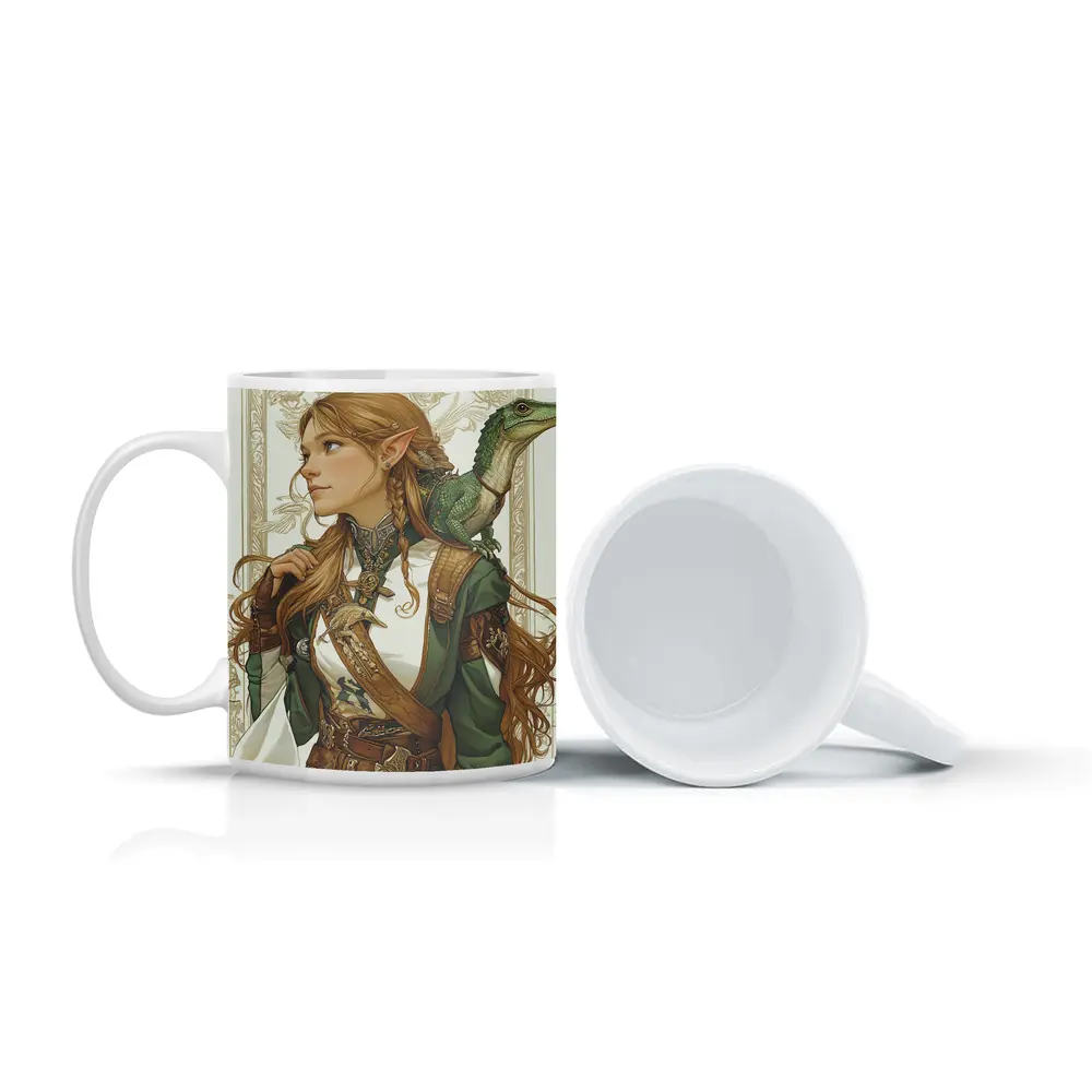 Elf Warrior Girl With Green Lizard Fantasy – Mugs