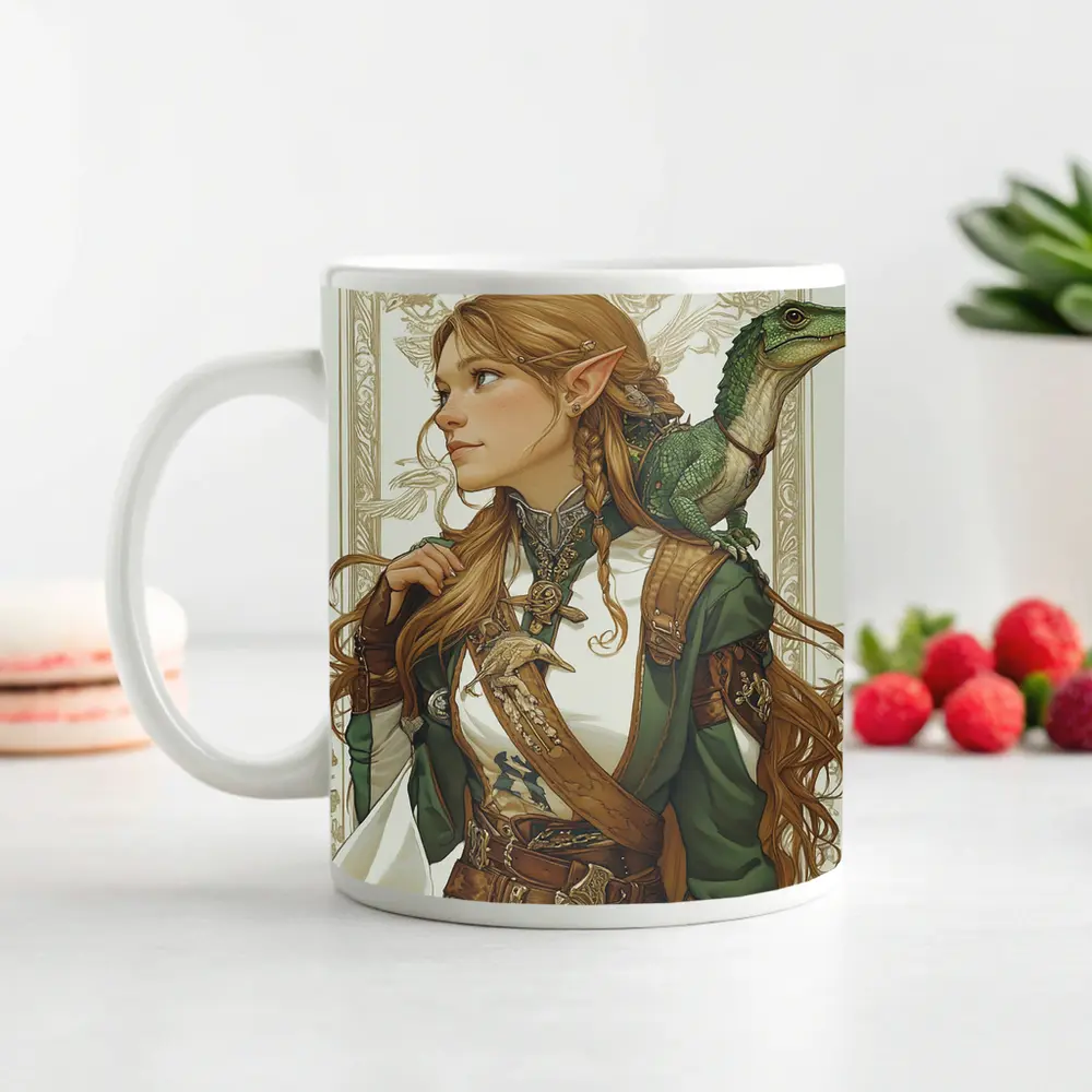 Elf Warrior Girl With Green Lizard Fantasy – Mugs