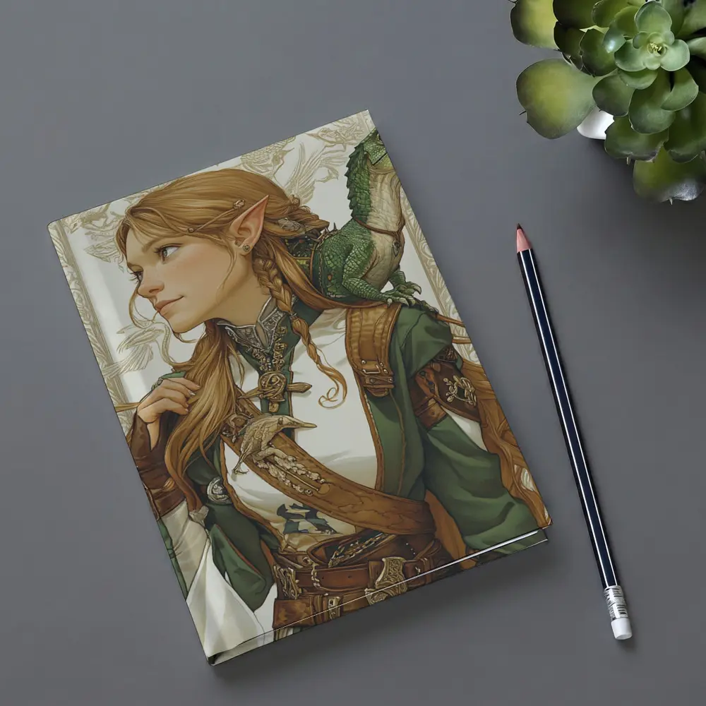 Elf Warrior Girl With Green Lizard Fantasy – Notebooks