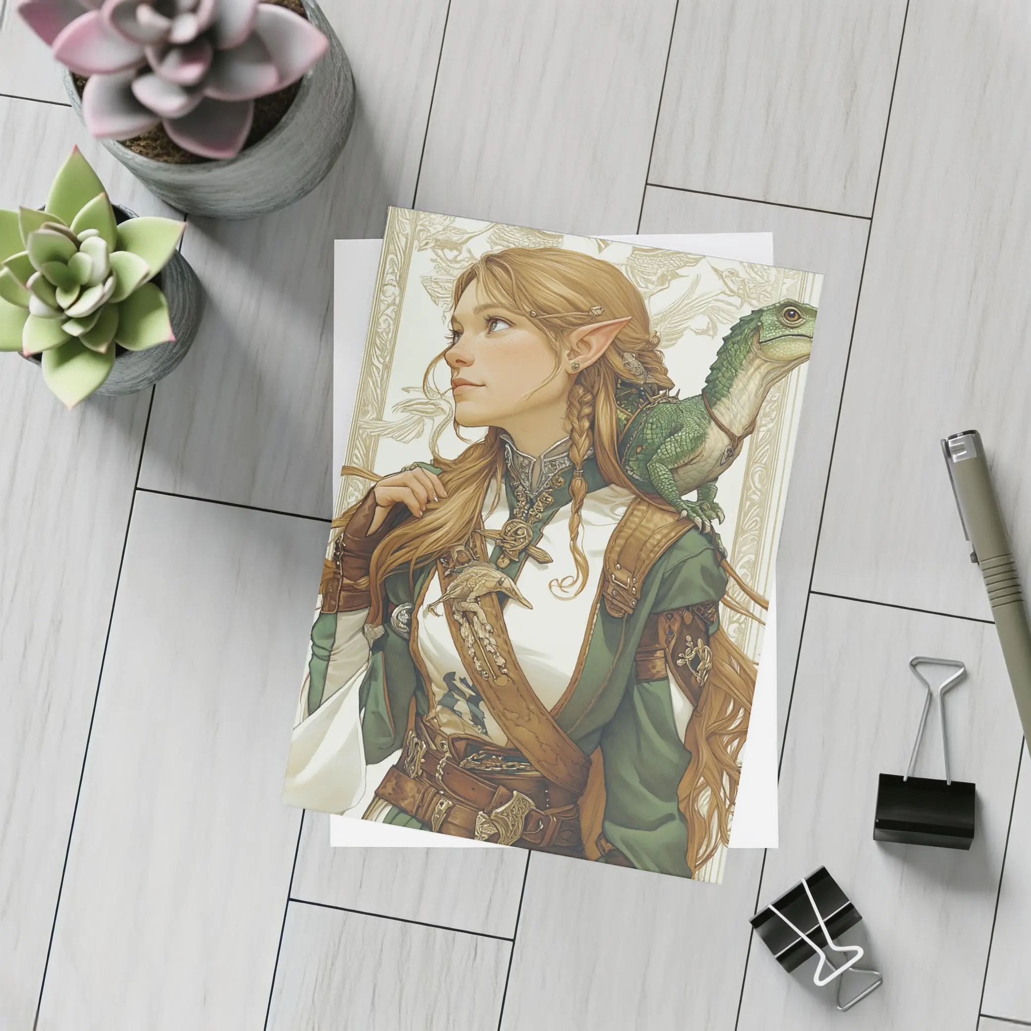 Elf Warrior Girl With Green Lizard Fantasy – Postcards