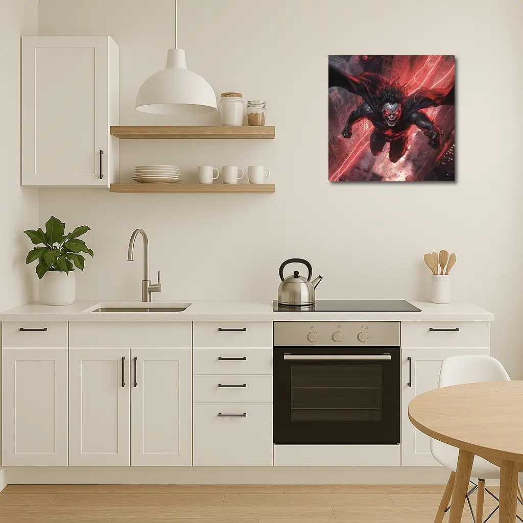 Dark Villain Flying Over Burning City – Wall Art