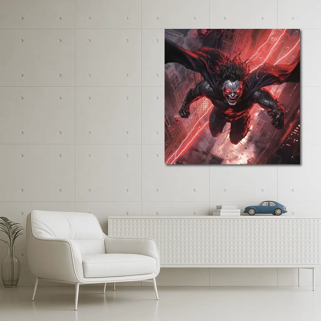 Dark Villain Flying Over Burning City – Wall Art