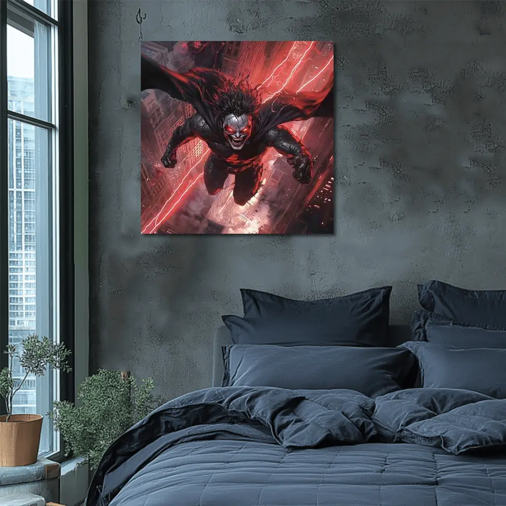 Dark Villain Flying Over Burning City – Wall Art