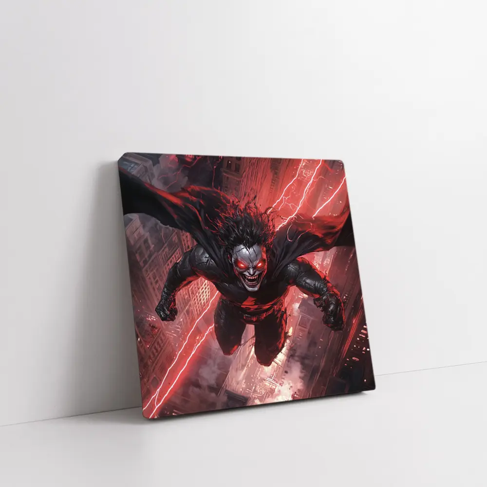 Dark Villain Flying Over Burning City – Wall Art