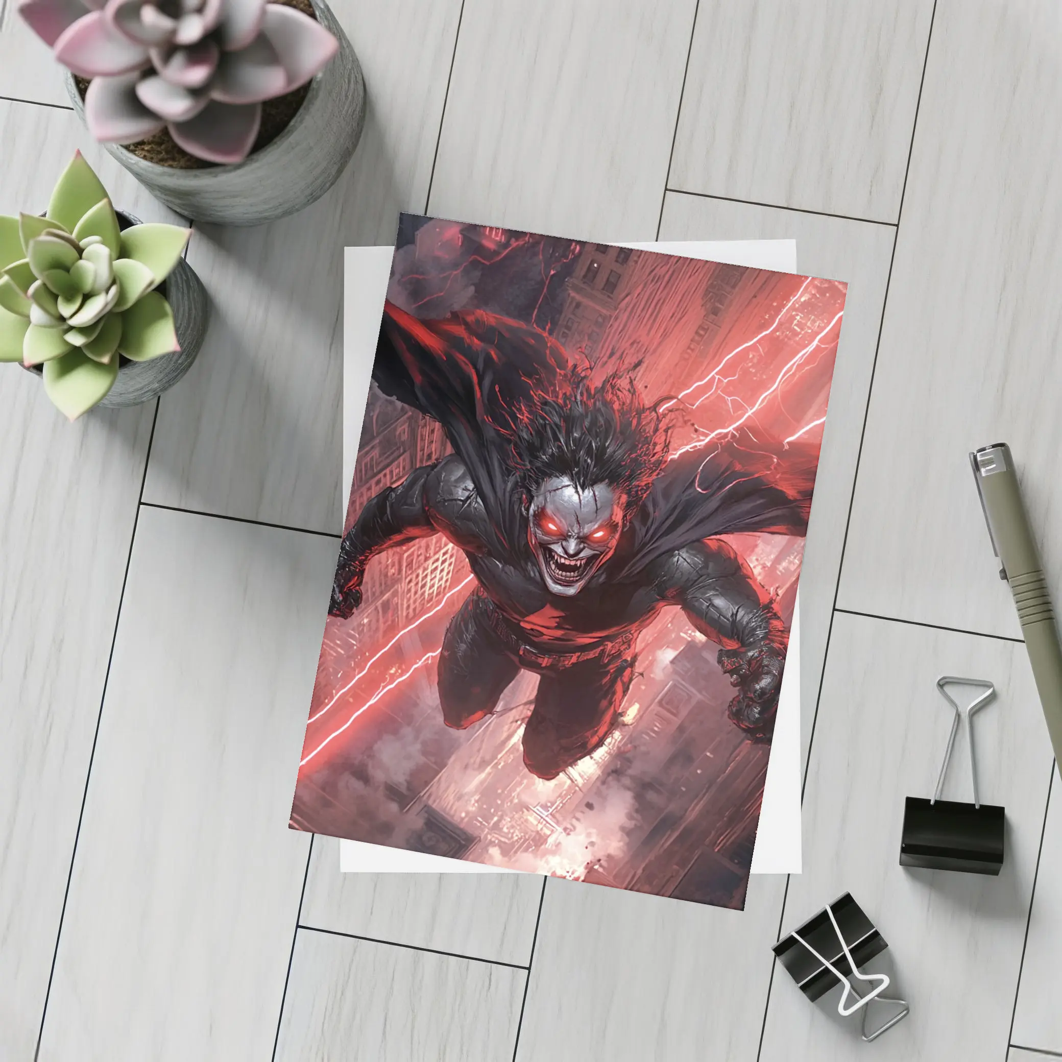 Dark Villain Flying Over Burning City – Postcards