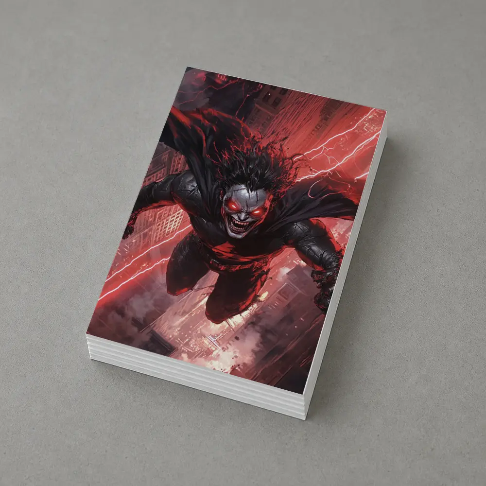 Dark Villain Flying Over Burning City – Postcards