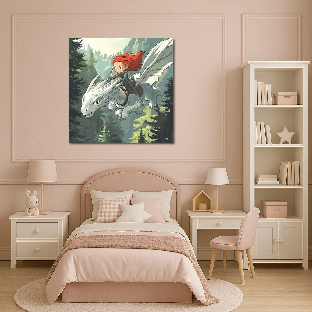 Red Hair Girl Riding White Dragon Forest – Wall Art