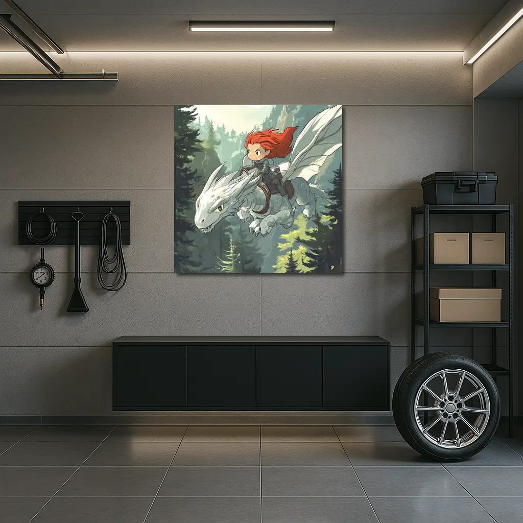 Red Hair Girl Riding White Dragon Forest – Wall Art