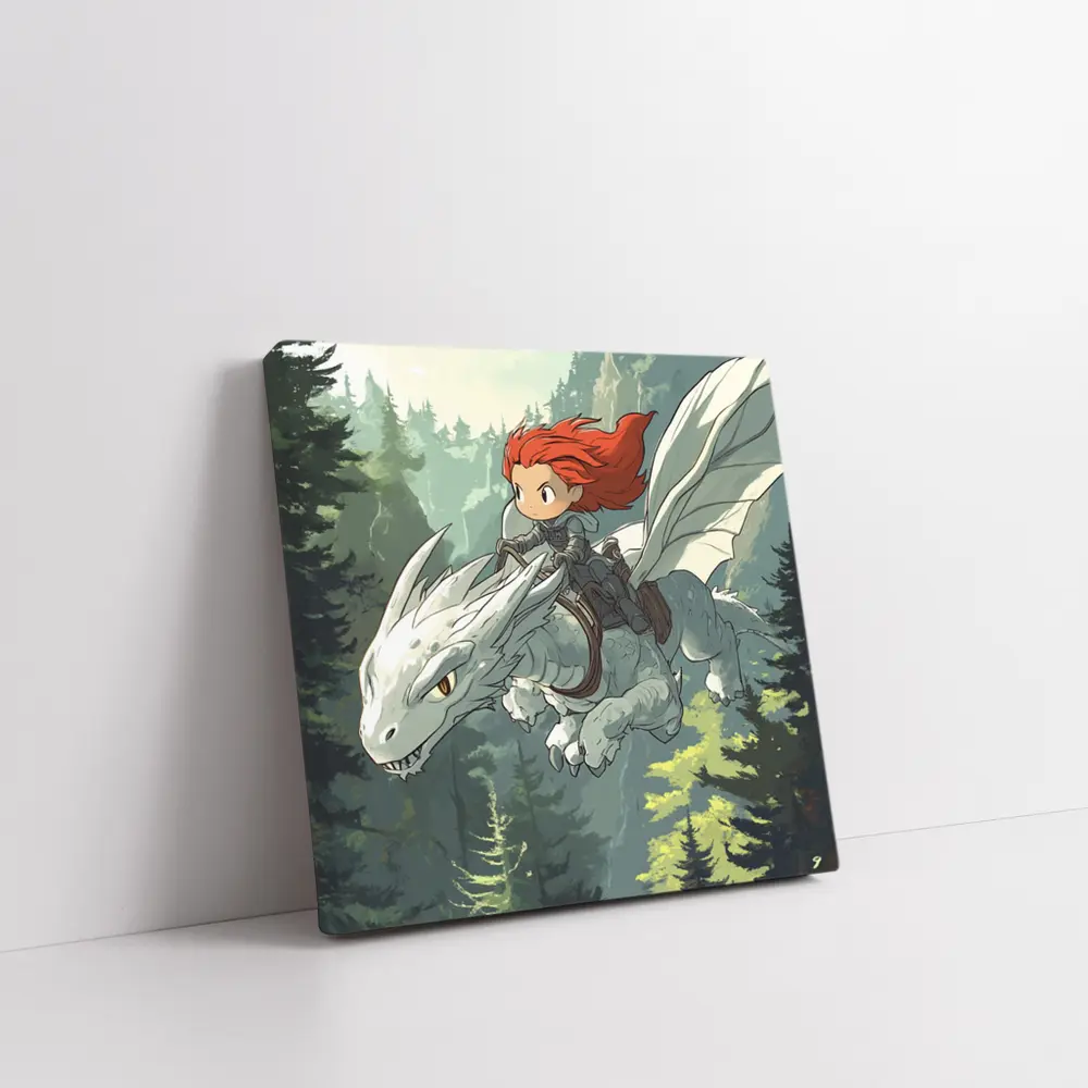Red Hair Girl Riding White Dragon Forest – Wall Art