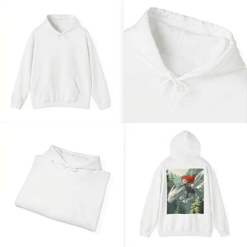 Red Hair Girl Riding White Dragon Forest – Hoodies