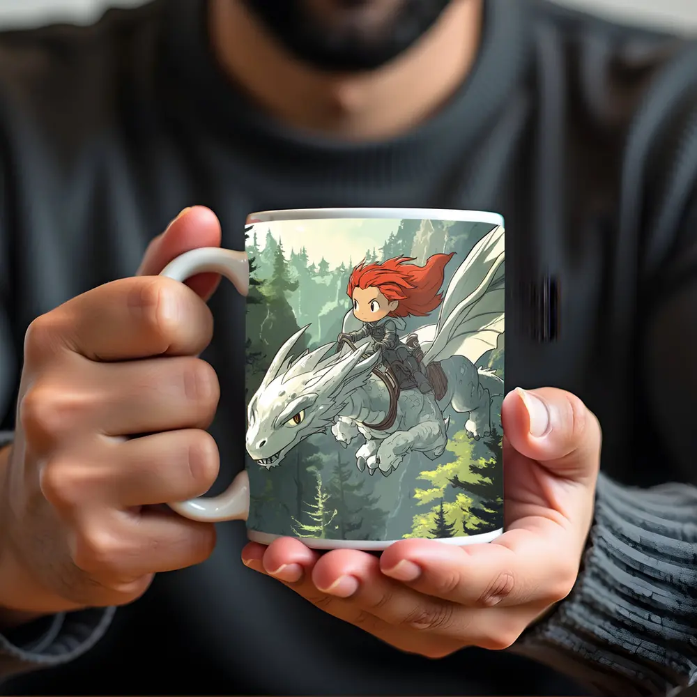 Red Hair Girl Riding White Dragon Forest – Mugs