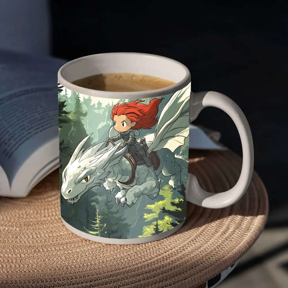 Red Hair Girl Riding White Dragon Forest – Mugs