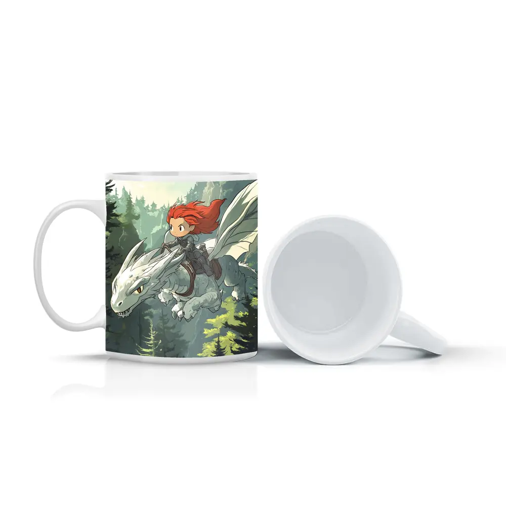 Red Hair Girl Riding White Dragon Forest – Mugs