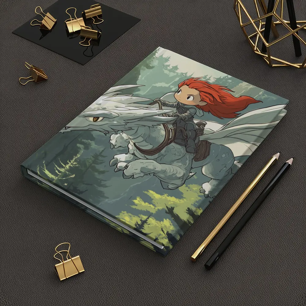 Red Hair Girl Riding White Dragon Forest – Notebooks