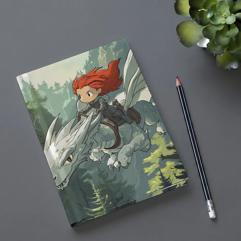 Red Hair Girl Riding White Dragon Forest – Notebooks