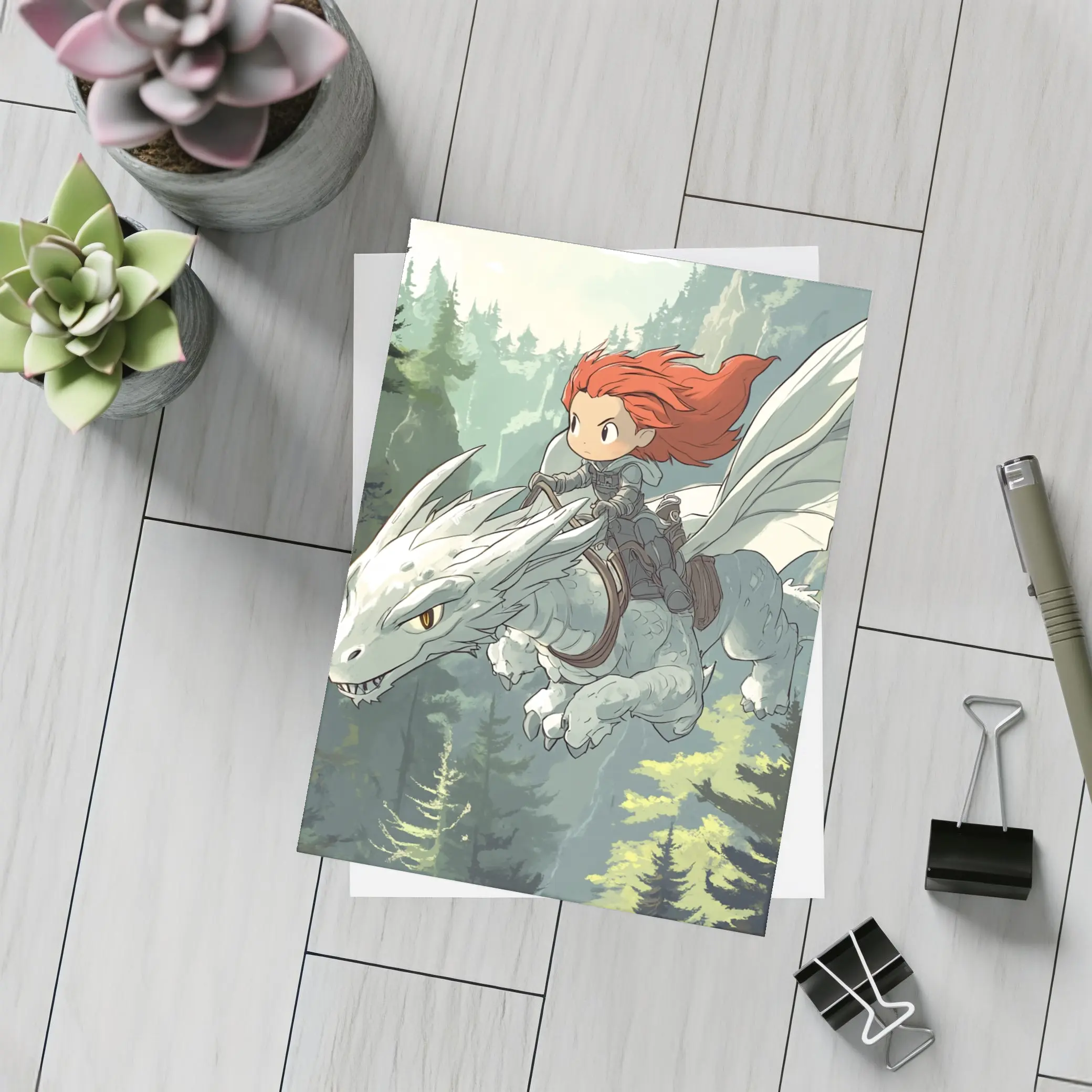 Red Hair Girl Riding White Dragon Forest – Postcards