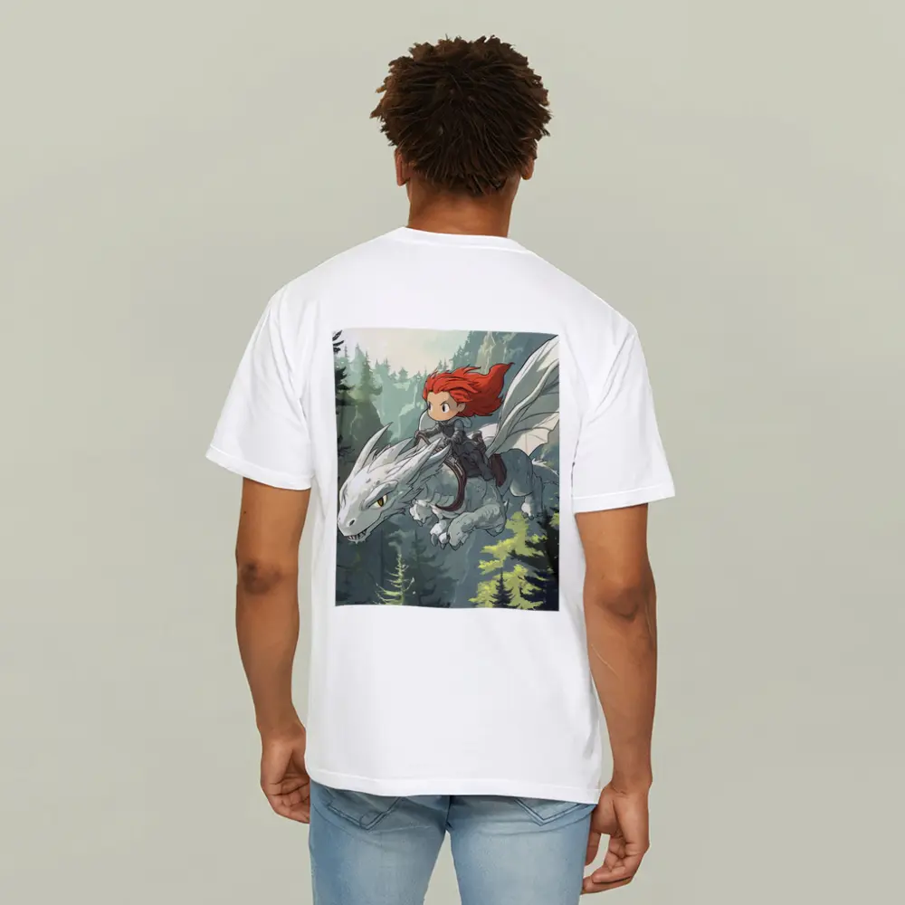 Red Hair Girl Riding White Dragon Forest – T-Shirts