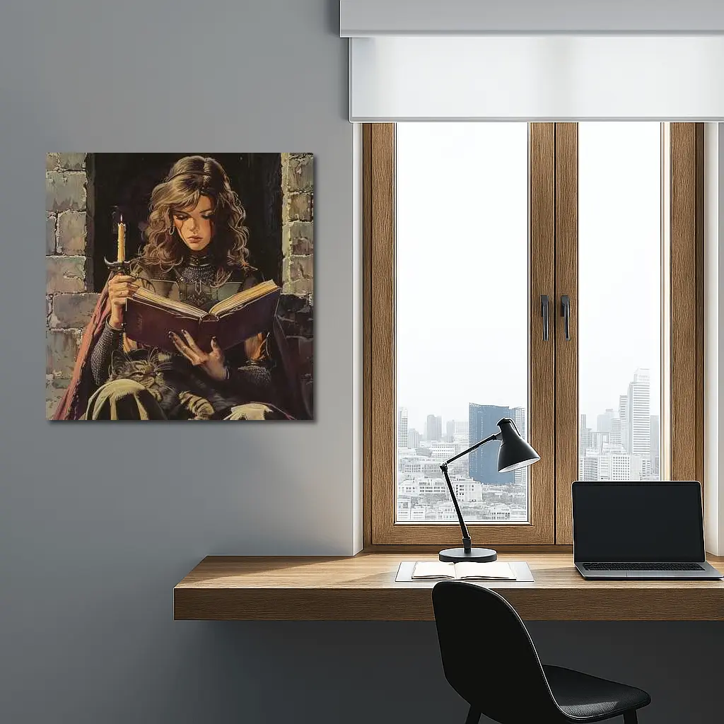 Medieval Woman Reading Book by Candlelight – Wall Art