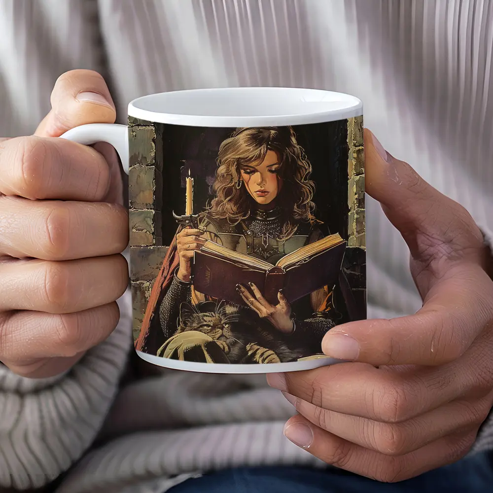 Medieval Woman Reading Book by Candlelight – Mugs