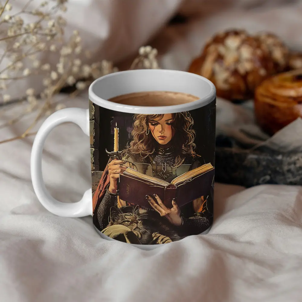 Medieval Woman Reading Book by Candlelight – Mugs