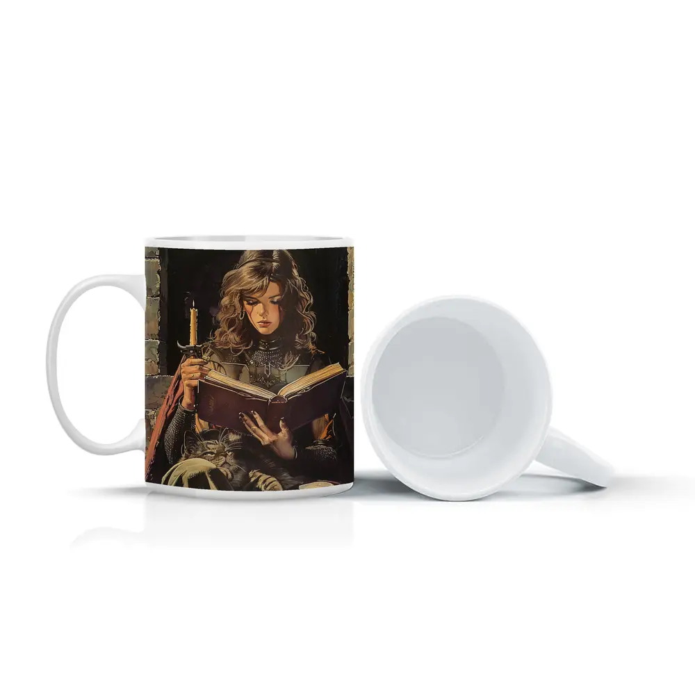Medieval Woman Reading Book by Candlelight – Mugs