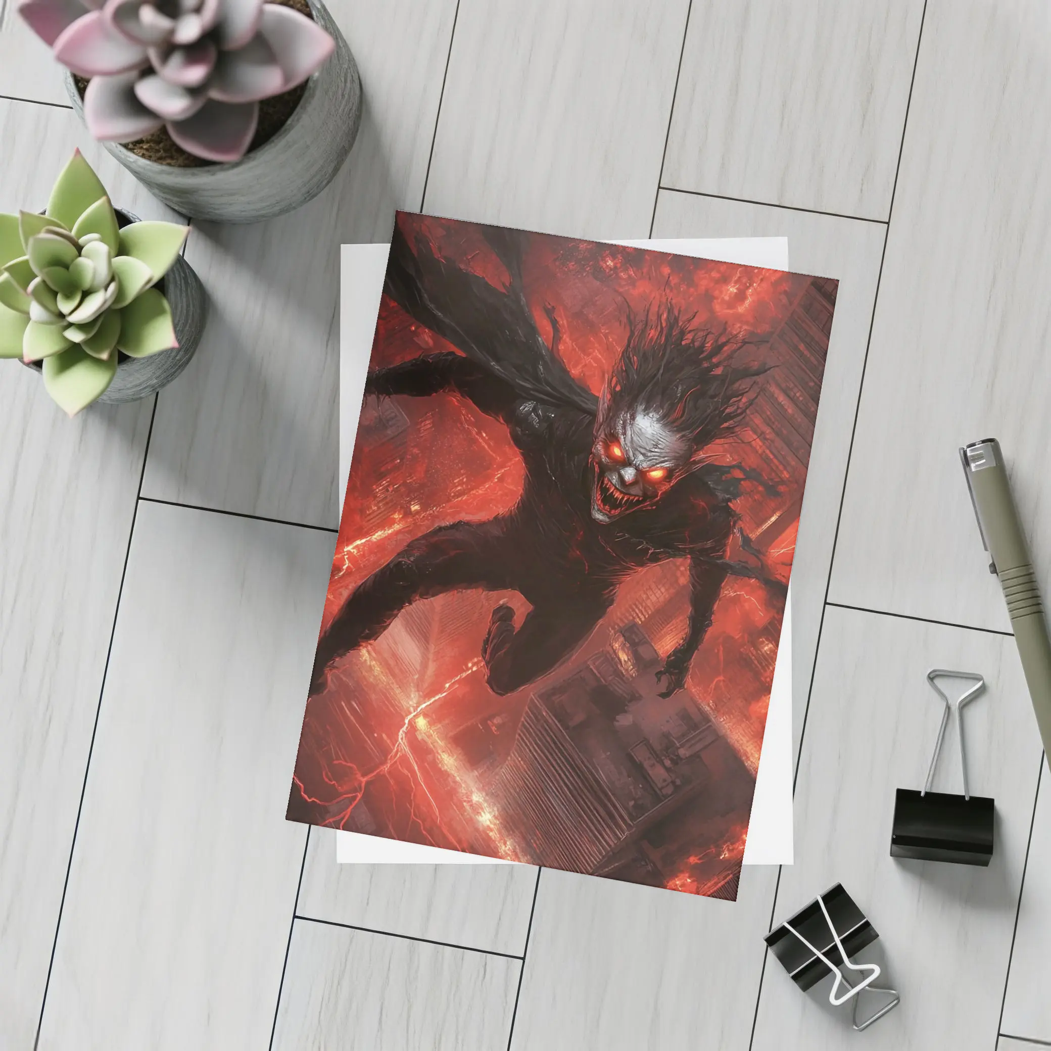 Dark Demon Flying Over Red City – Postcards
