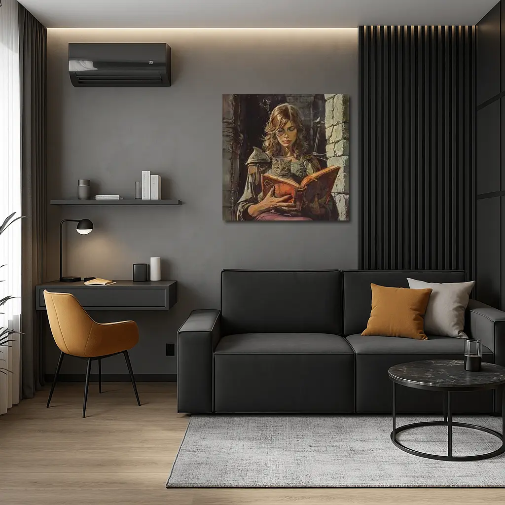 Female Knight Reading Book With Cat – Wall Art