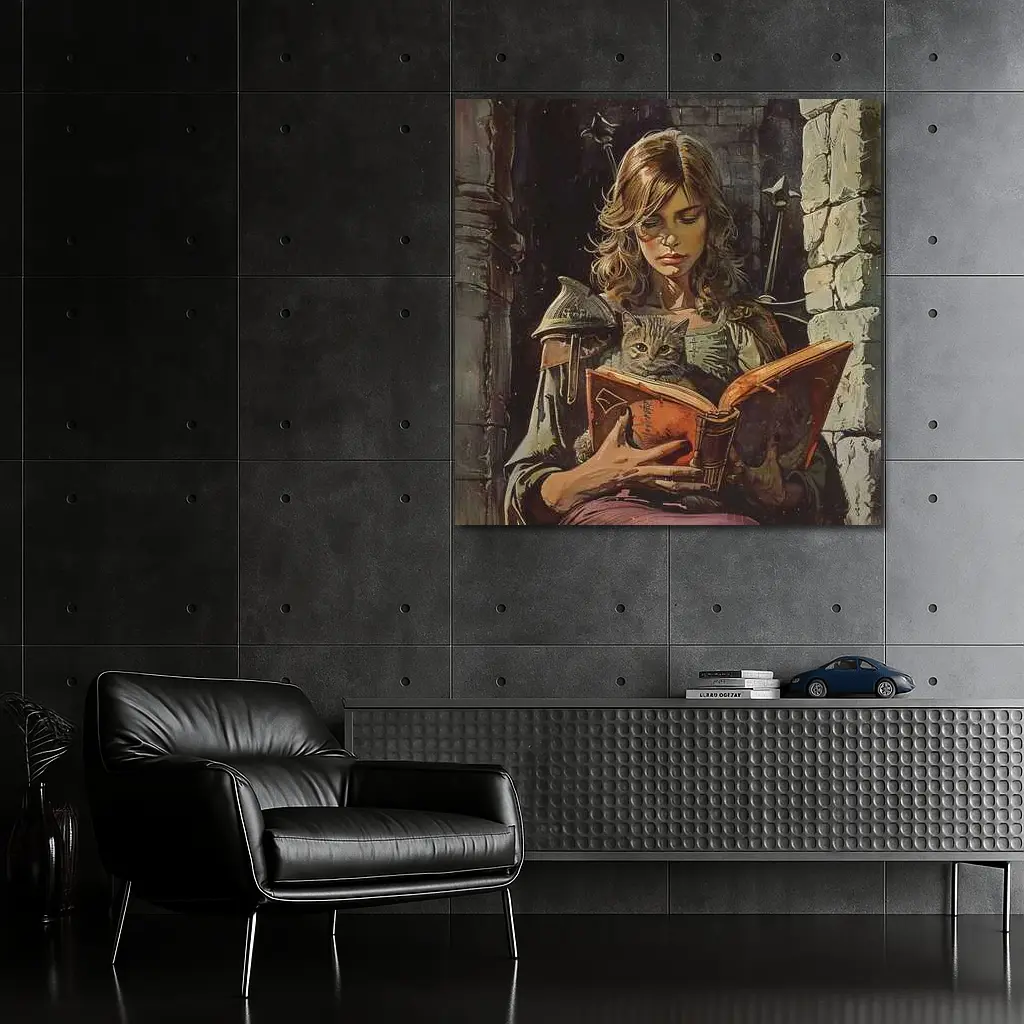 Female Knight Reading Book With Cat – Wall Art