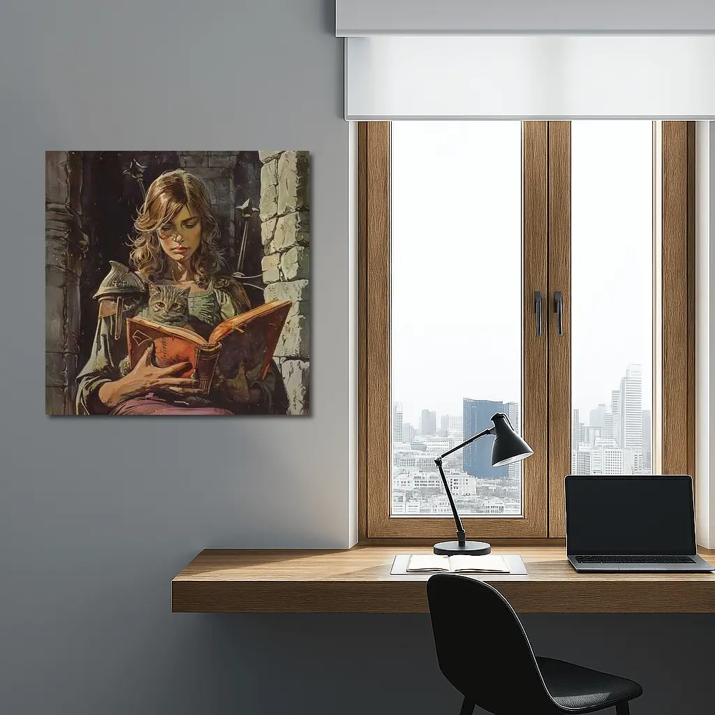 Female Knight Reading Book With Cat – Wall Art
