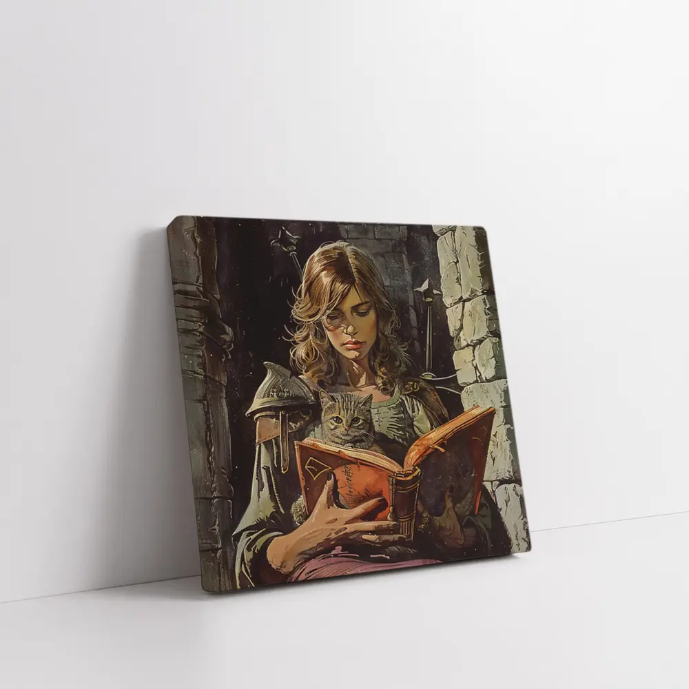 Female Knight Reading Book With Cat – Wall Art